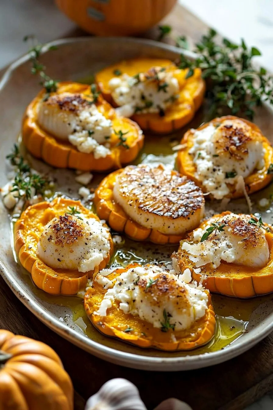 Gefüllte Muscheln mit Kürbis und Ricotta auf einem Teller serviert