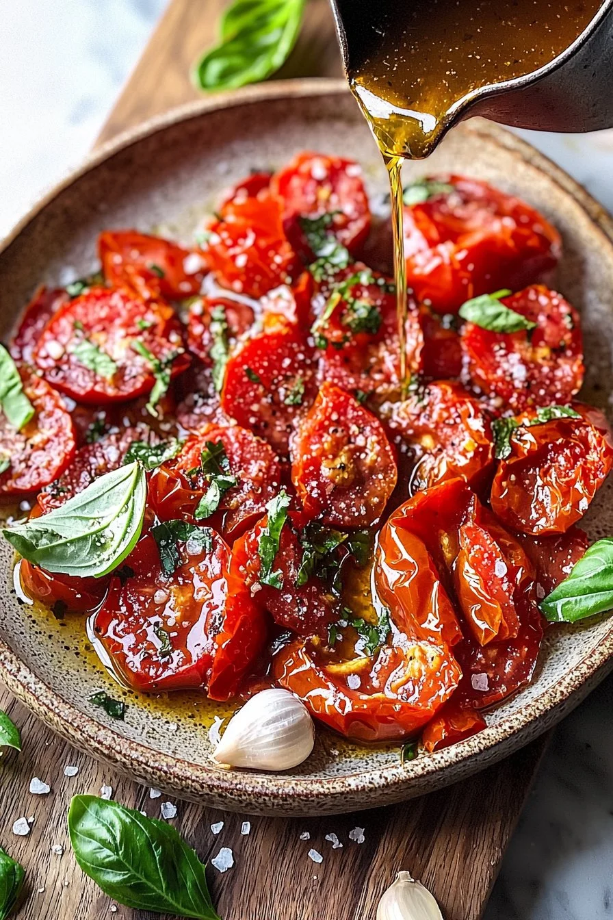 Geröstete Tomatensauce auf einem Teller mit frischen Zutaten