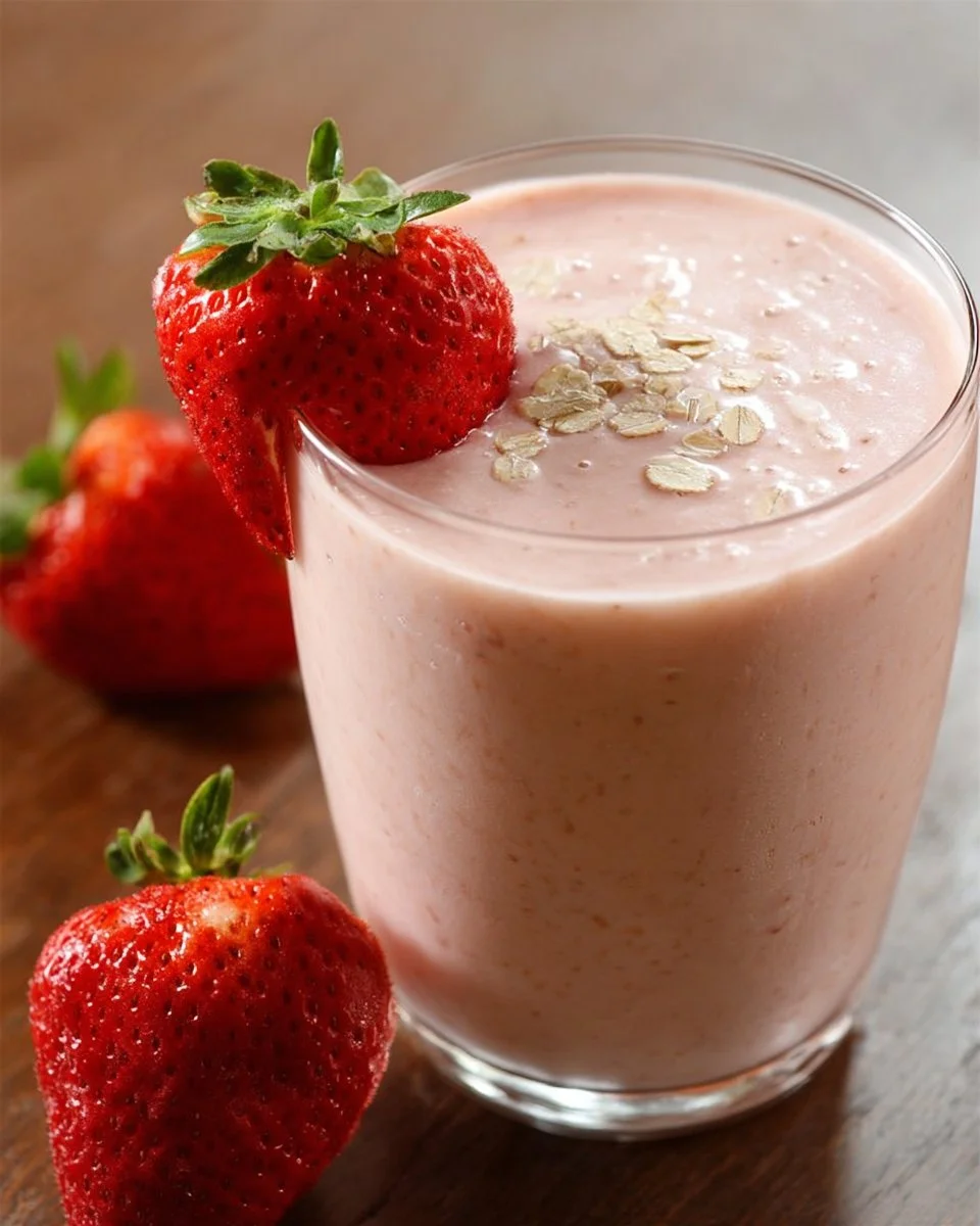 Erdbeer-Haferflocken-Smoothie in einem Glas mit frischen Erdbeeren und Haferflocken