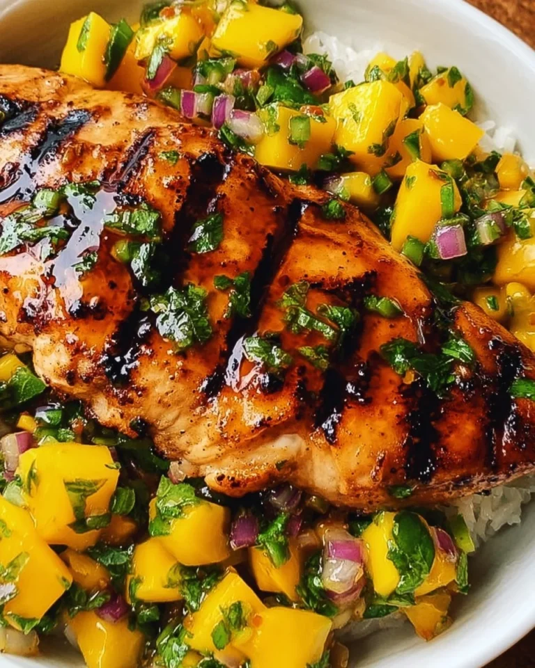 Gesundes Honig-Limetten-Hähnchen serviert mit Mango-Salsa auf einem Teller