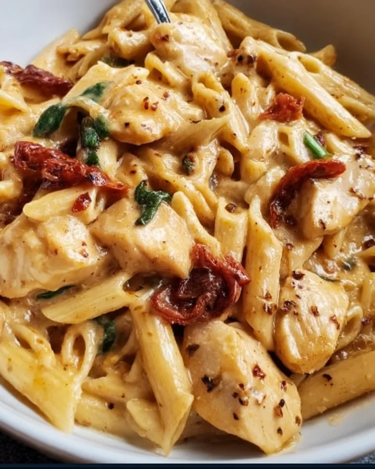 Gesunde toskanische Hühnchen-Pasta mit frischen Zutaten auf einem Teller