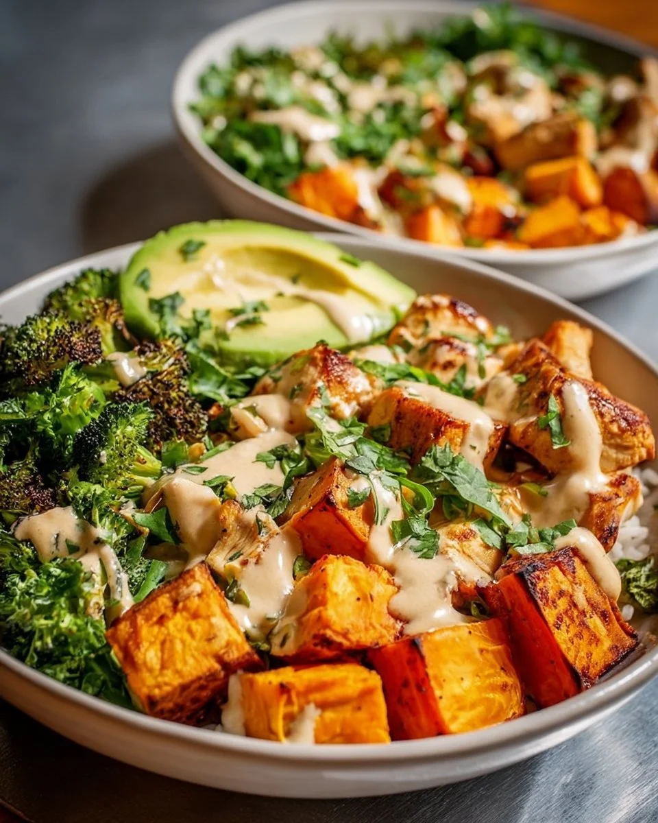 Hähnchen Süßkartoffel Bowl mit frischem Gemüse und würzigen Kräutern