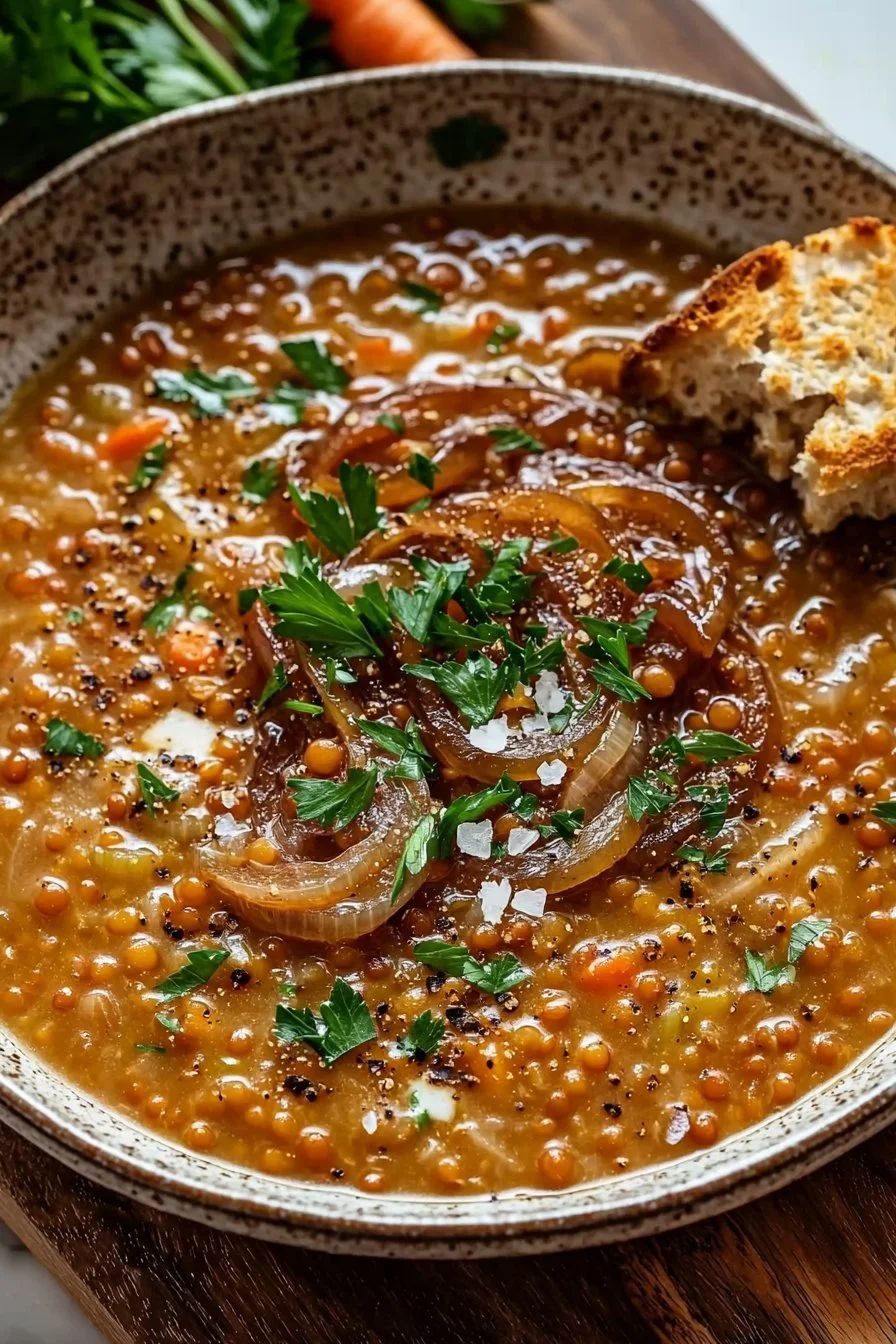 Herzhafte karamellisierte Zwiebel Rote Linsen Suppe in einer Schüssel serviert