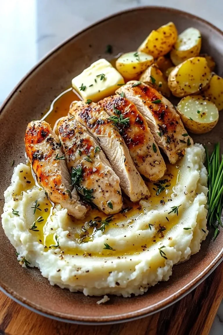 Herzhaftes Knoblauch-Kräuter-Hühnchen serviert mit cremigem Kartoffelpüree