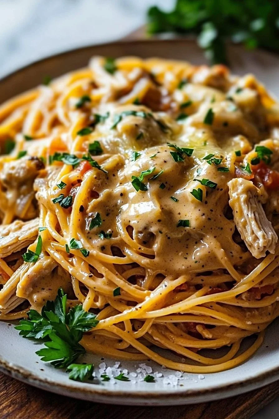 Herzhaftes Monterey Chicken Spaghetti Gericht mit frischen Zutaten.