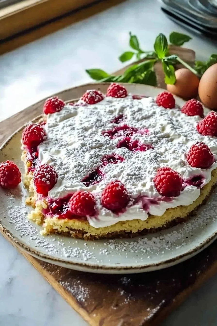 Himbeermeringuekuchen mit frischen Himbeeren und Baiser Topping