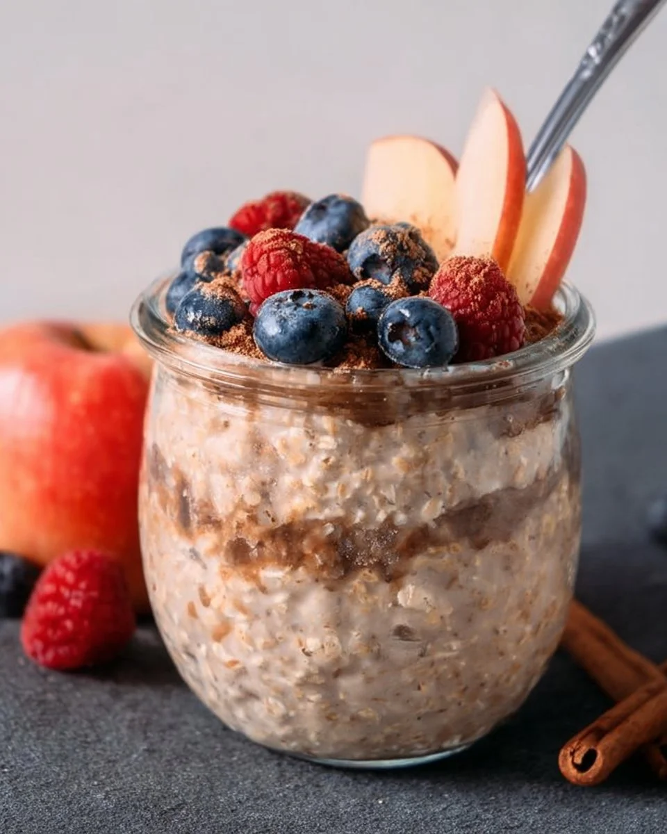 Hohe Protein Overnight Oats in einer Schüssel mit frischen Früchten und Nüssen.