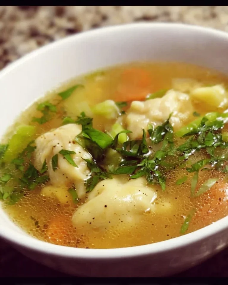 Schüssel mit leckerer Hühnchen-Knödel-Suppe, frisch zubereitet