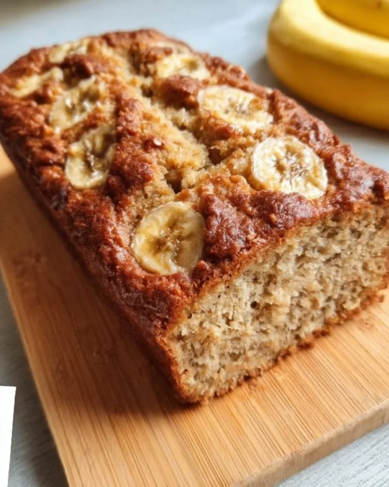 Hüttenkäse Bananenbrot auf einem Teller, dekoriert mit Bananenscheiben und Nüssen