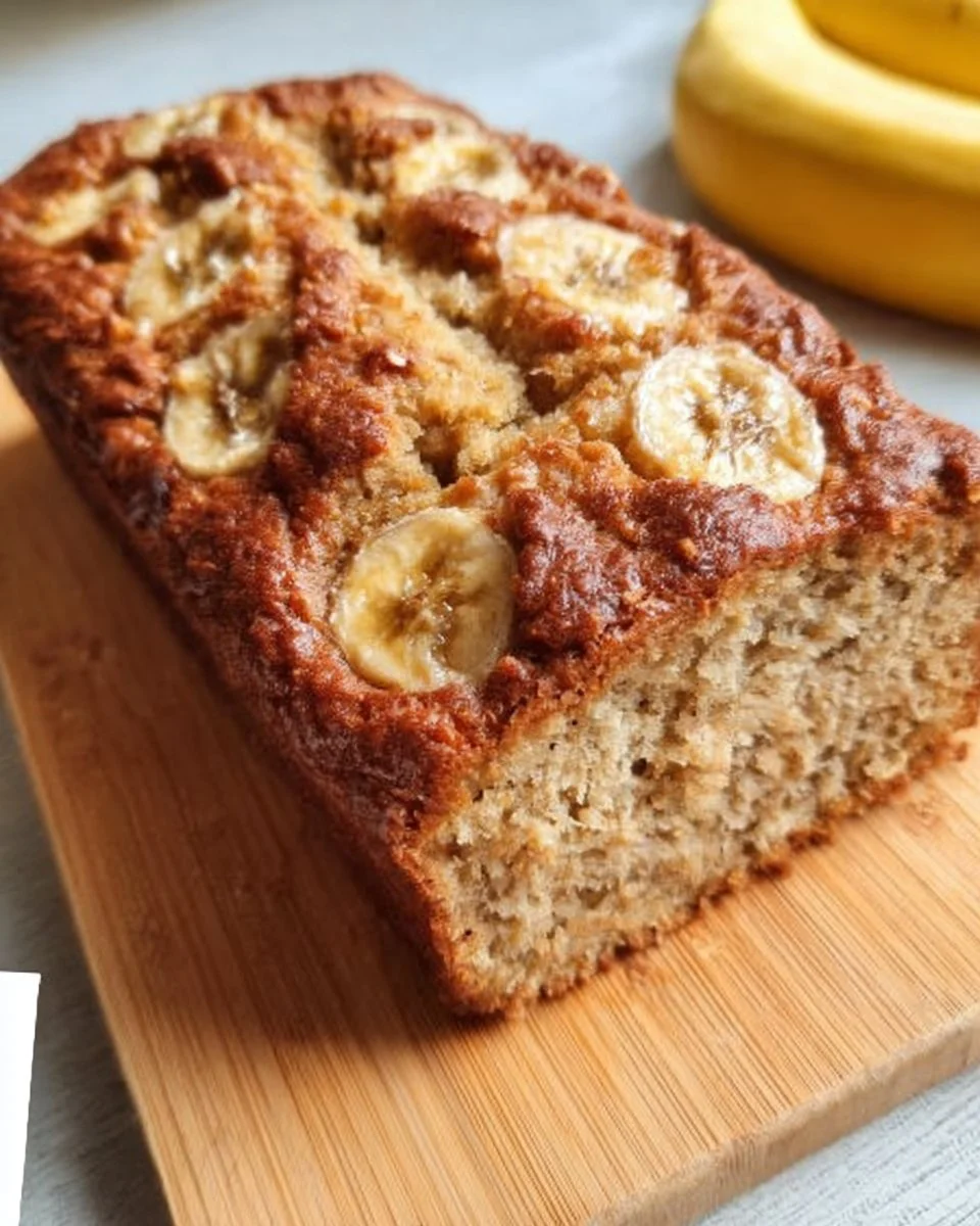 Hüttenkäse Bananenbrot auf einem Teller, dekoriert mit Bananenscheiben und Nüssen