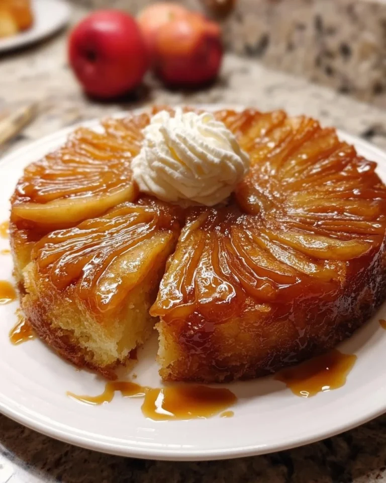 Karamell-Apfel-Umdrehkuchen auf einem Teller mit Äpfeln und Karamellsauce