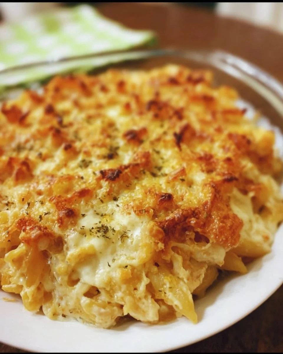 Käse-Hühnchen-Nudel-Auflauf mit Käse überbacken und goldbraun gebacken