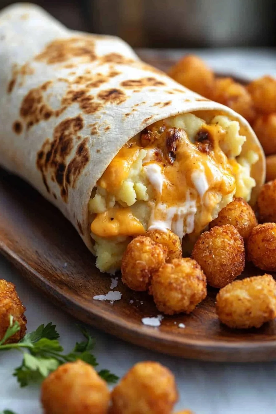 Leckere Käse-Kartoffel-Burritos mit knusprigen Tater Tots serviert auf einem Teller