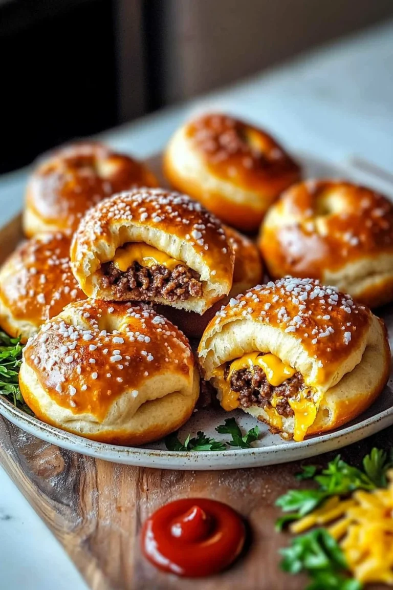 Käseburger Brezelbomben auf einem Teller serviert, genussvoll und lecker.