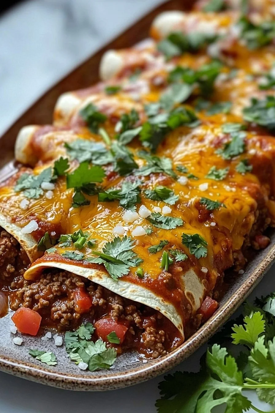 Keto Rinder-Enchiladas mit Käse und Salsa auf einem Teller serviert.