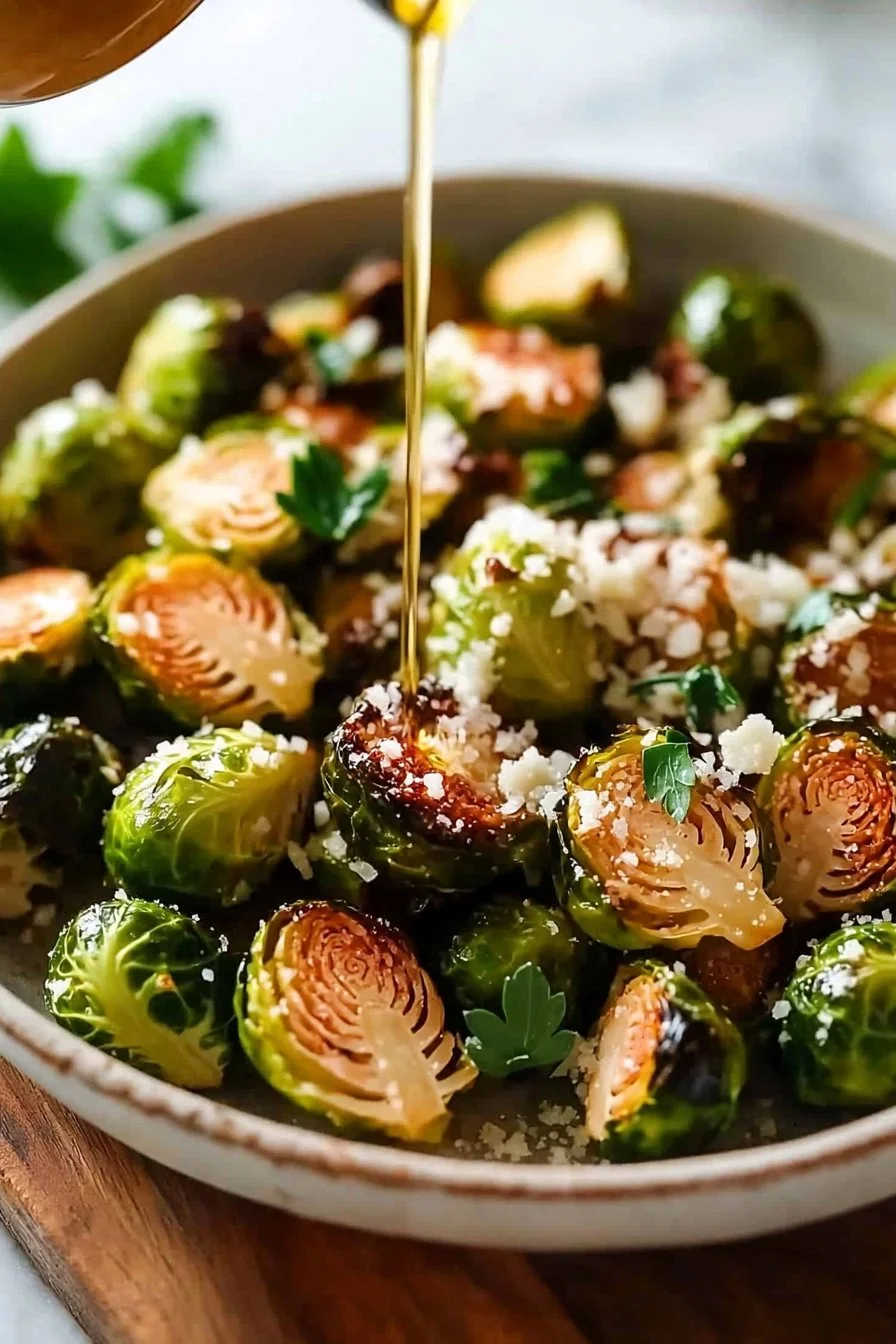 Knoblauch-Parmesan-gerösteter Rosenkohl auf einem Teller, serviert mit frischen Kräutern.