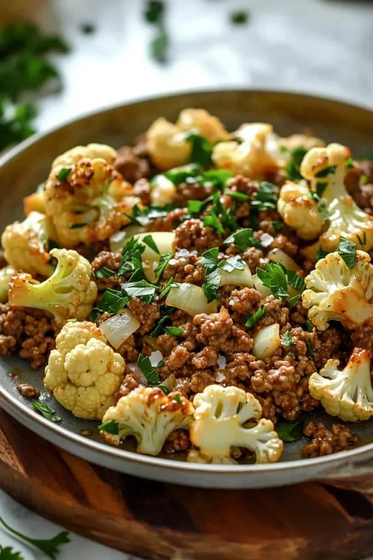 Knoblauchbutter-Hackfleisch mit Blumenkohl-Pfanne auf einem Teller angerichtet.