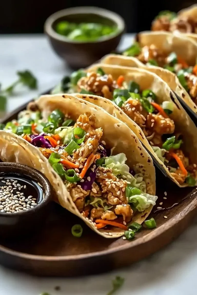 Knusprige Wontontacos mit Teriyaki-Hühnchen-Füllung auf einem Teller.