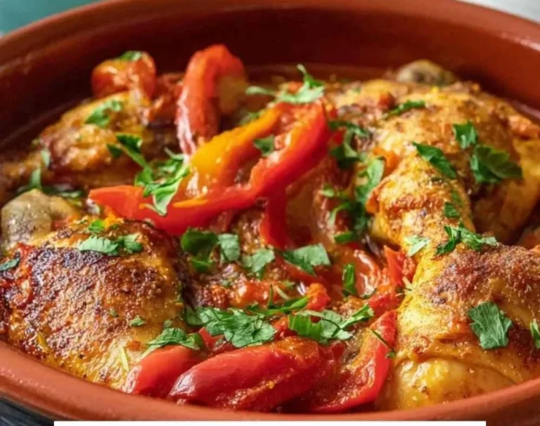 Knuspriges Basque-Hühnchen nach alter Art auf einem Teller serviert