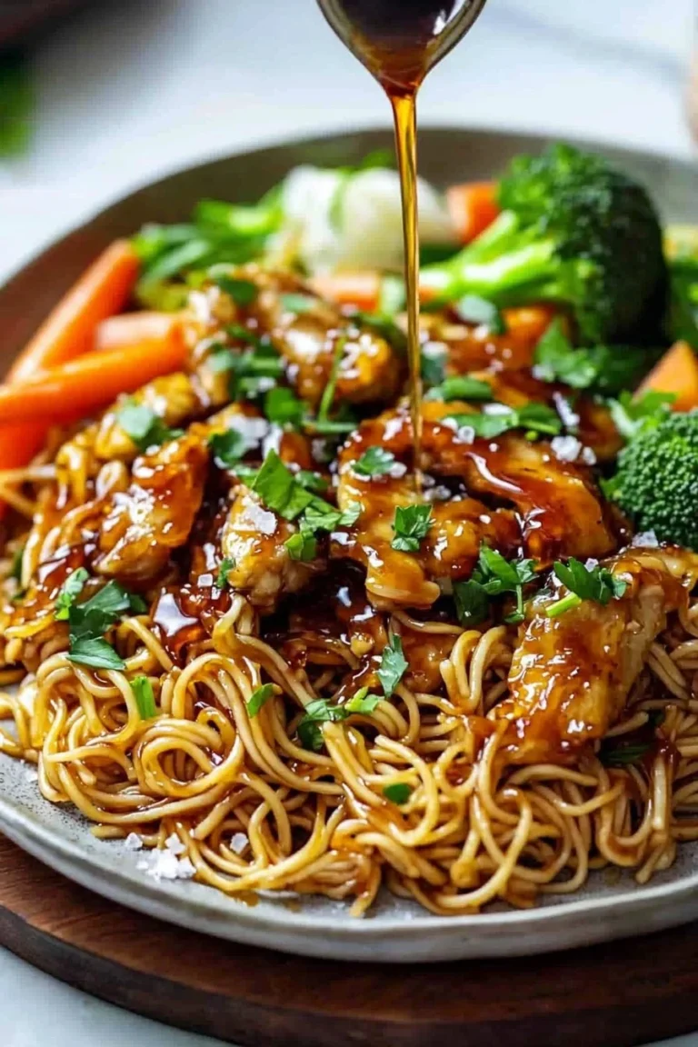 Knoblauch-Hähnchen mit Nudeln auf einem Teller serviert