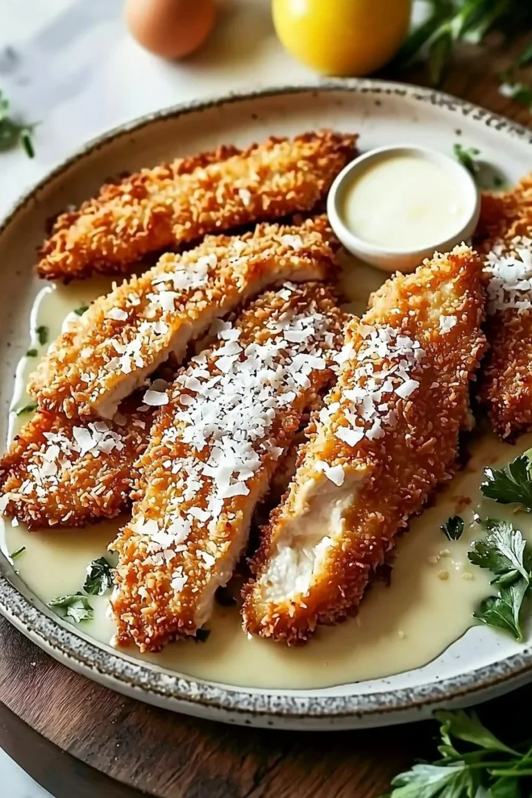 Knuspriges Kokosnuss-Parmesan-Hühnchen zubereitet mit frischen Zutaten.