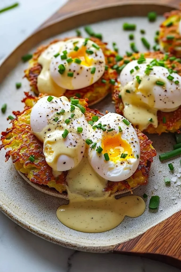 Leckere Latke Eggs Benedict mit pochiertem Ei und Hollandaise