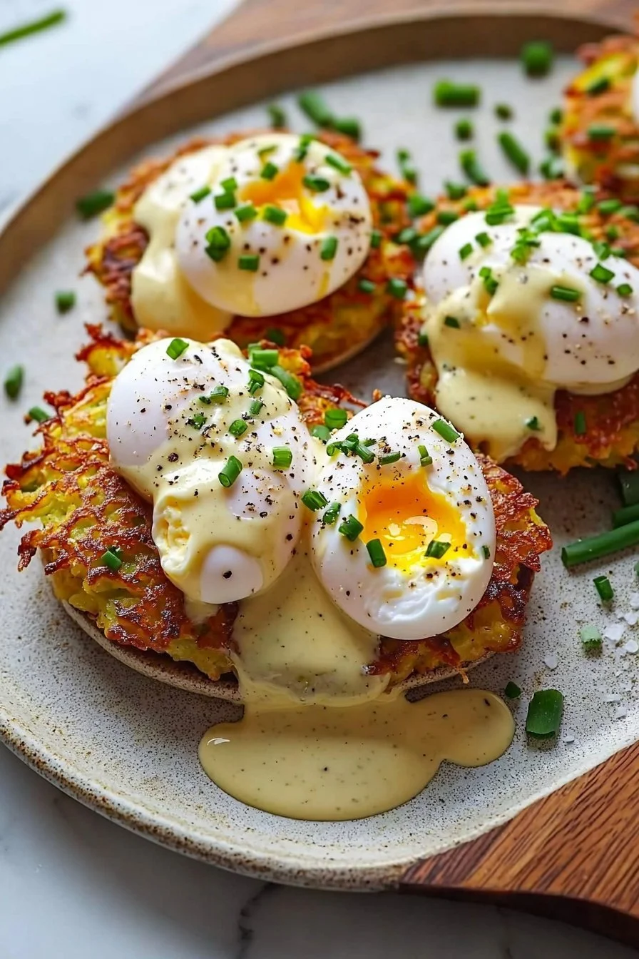 Leckere Latke Eggs Benedict mit pochiertem Ei und Hollandaise