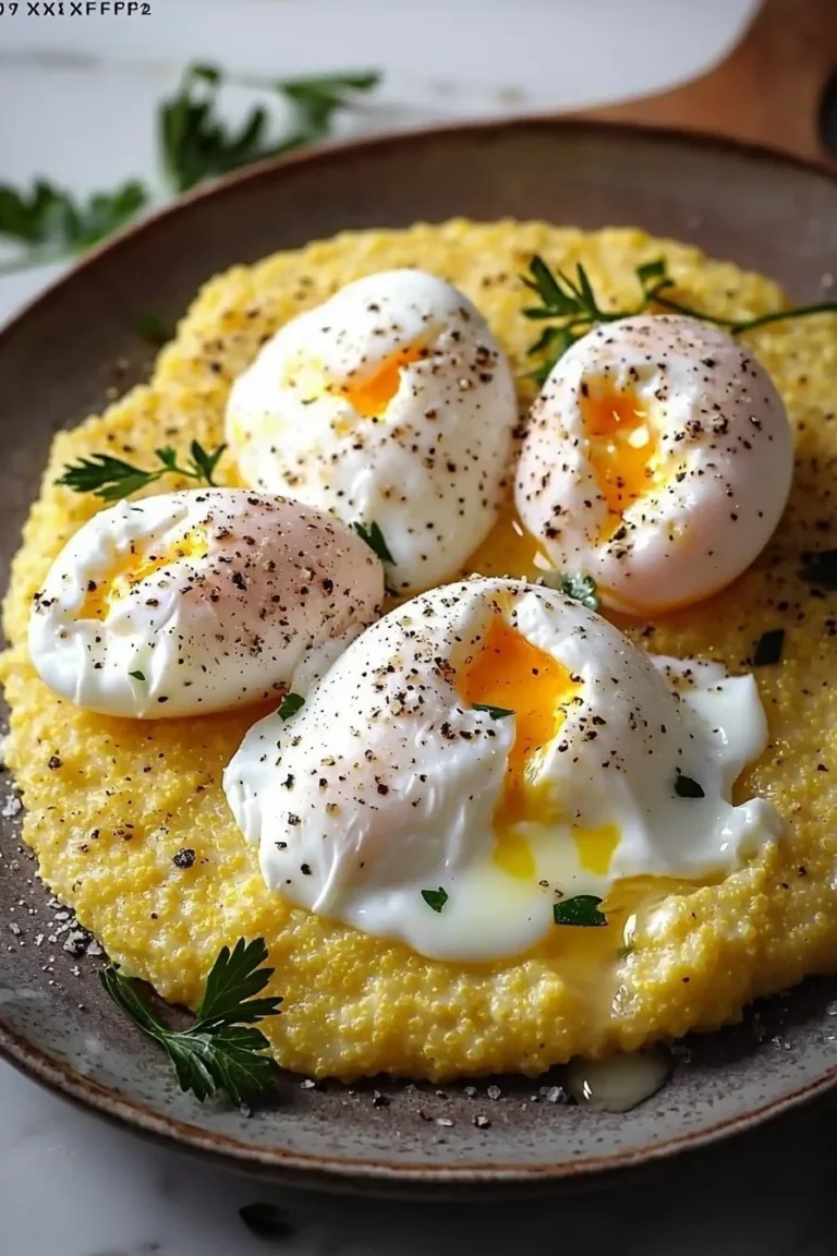 Cremige Polenta mit perfekt pochierten Eiern auf einem Teller dekoriert.