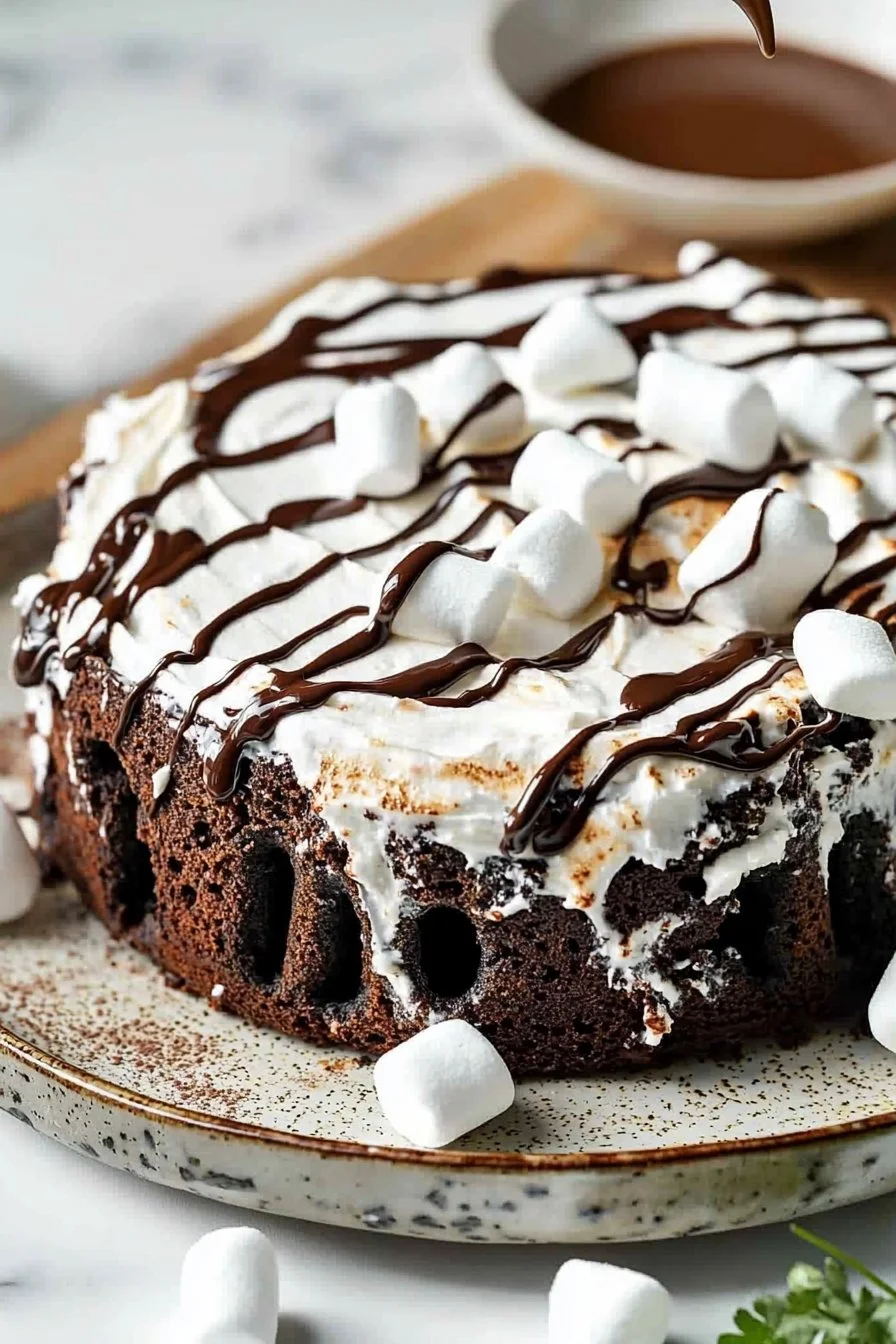 Leckerer Marshmallow-Schokoladen-Poke-Kuchen mit frischen Zutaten
