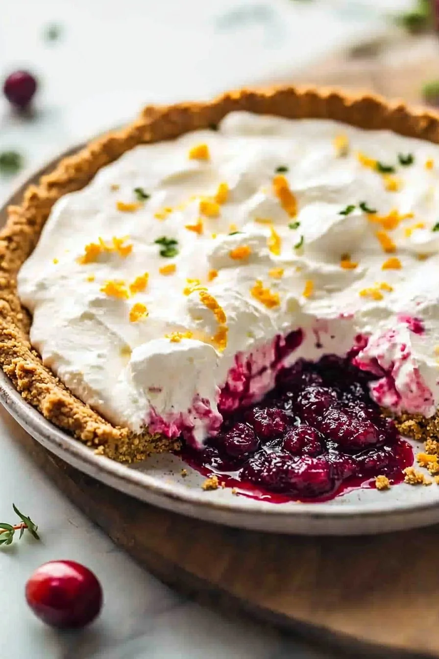 No-Bake Cranberry-Orange-Creme-Pie auf einem Teller, dekoriert mit frischen Cranberries