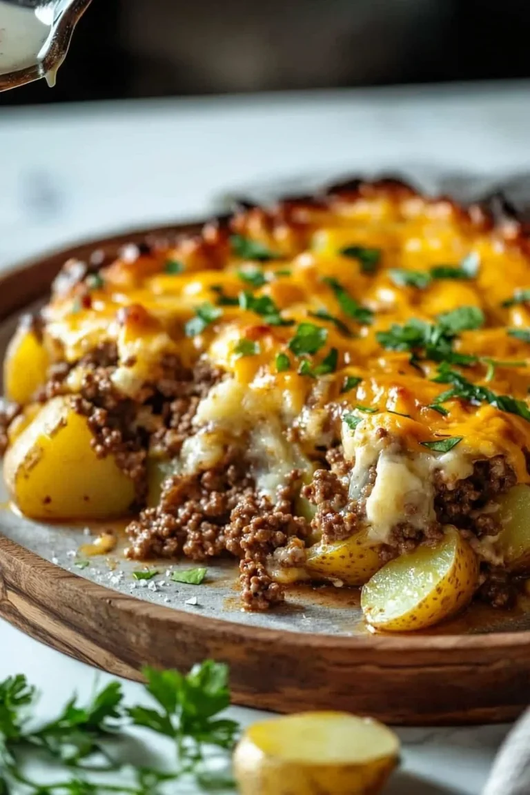 Reichhaltiger cheesiger Hamburger Kartoffelauflauf mit Käse und Kartoffeln