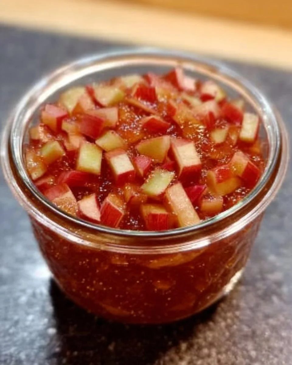 Hausgemachte Rhabarber-Zimt-Konfitüre in einem Glas.