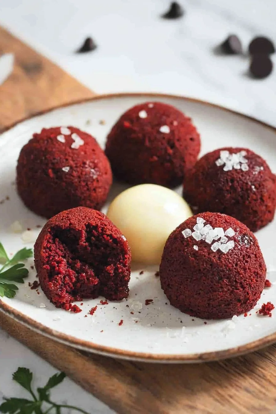 Rote Samt-Käsekuchen-Häppchen auf einem Teller, verziert mit Schokoladensauce.