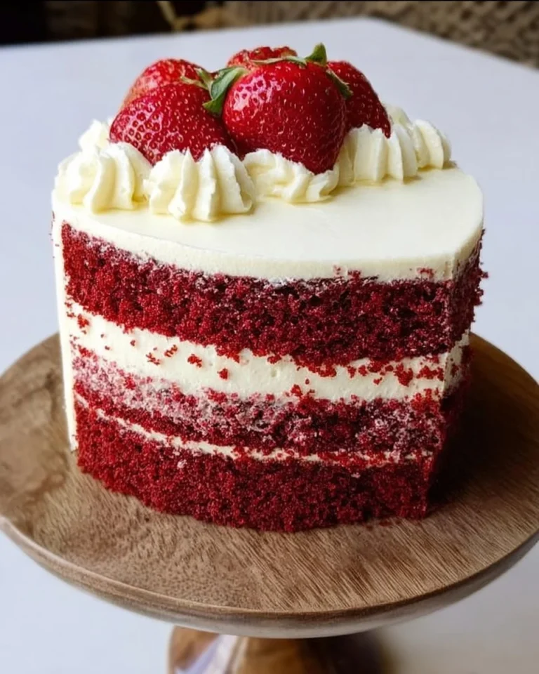 Roter Samtkuchen auf einem Teller, dekoriert mit Sahne und Beeren