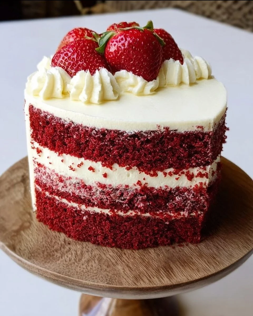 Roter Samtkuchen auf einem Teller, dekoriert mit Sahne und Beeren