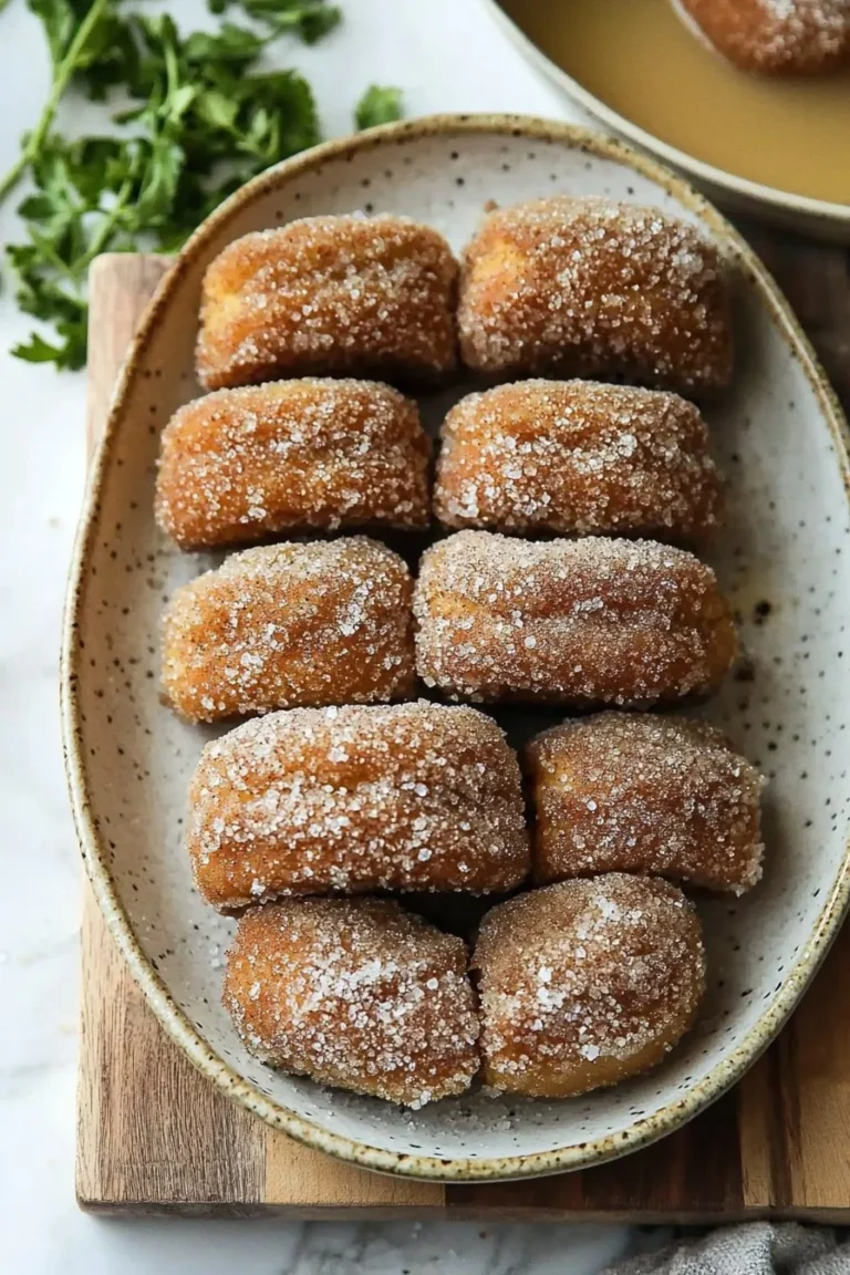 Sauerteig-Rest Apfelgewürz-Donuts auf einem Teller, garniert mit Zimt und Puderzucker.