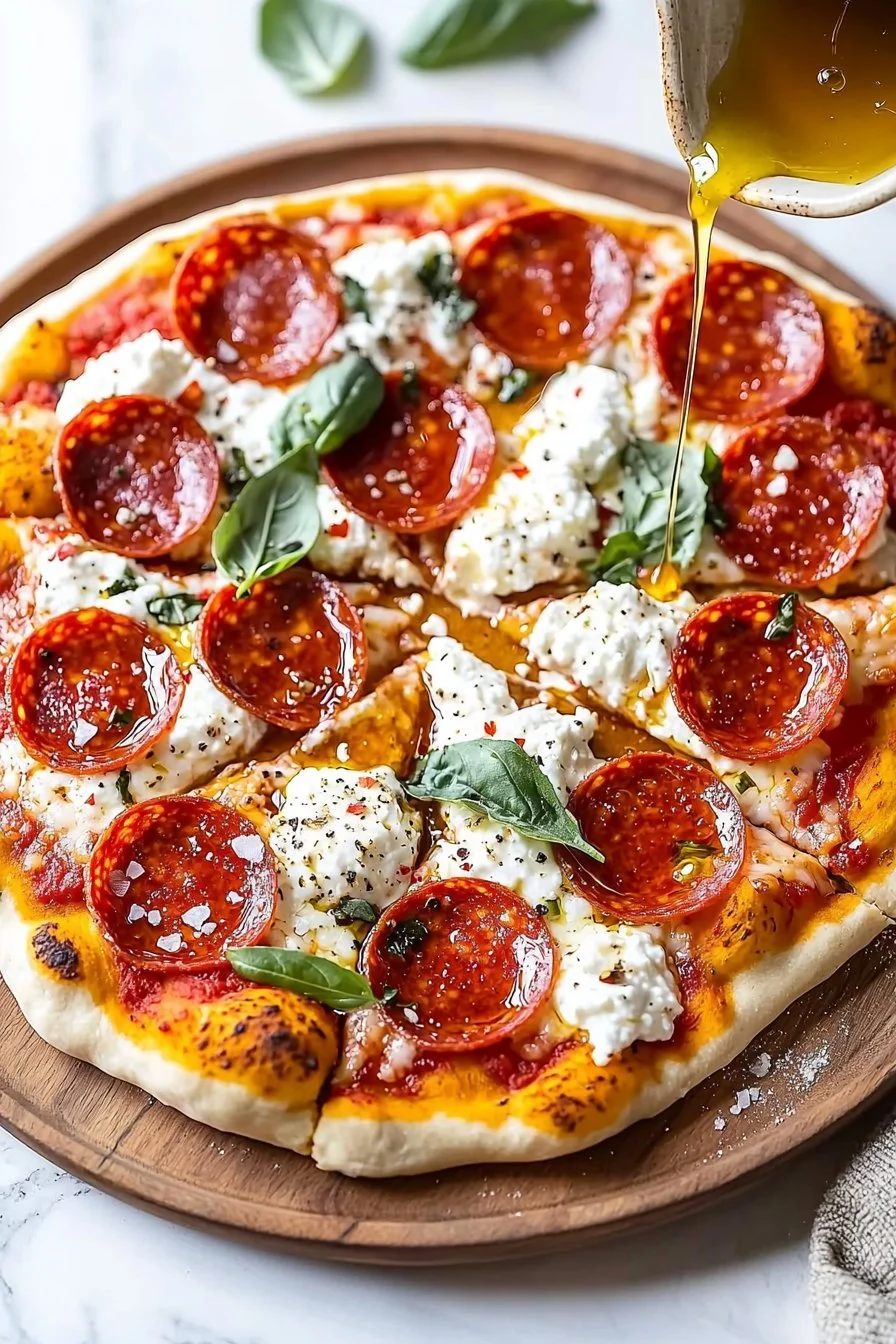 Scharfe Honig-Peperoni-Pizza mit cremiger Ricotta auf einem Holzbrett serviert