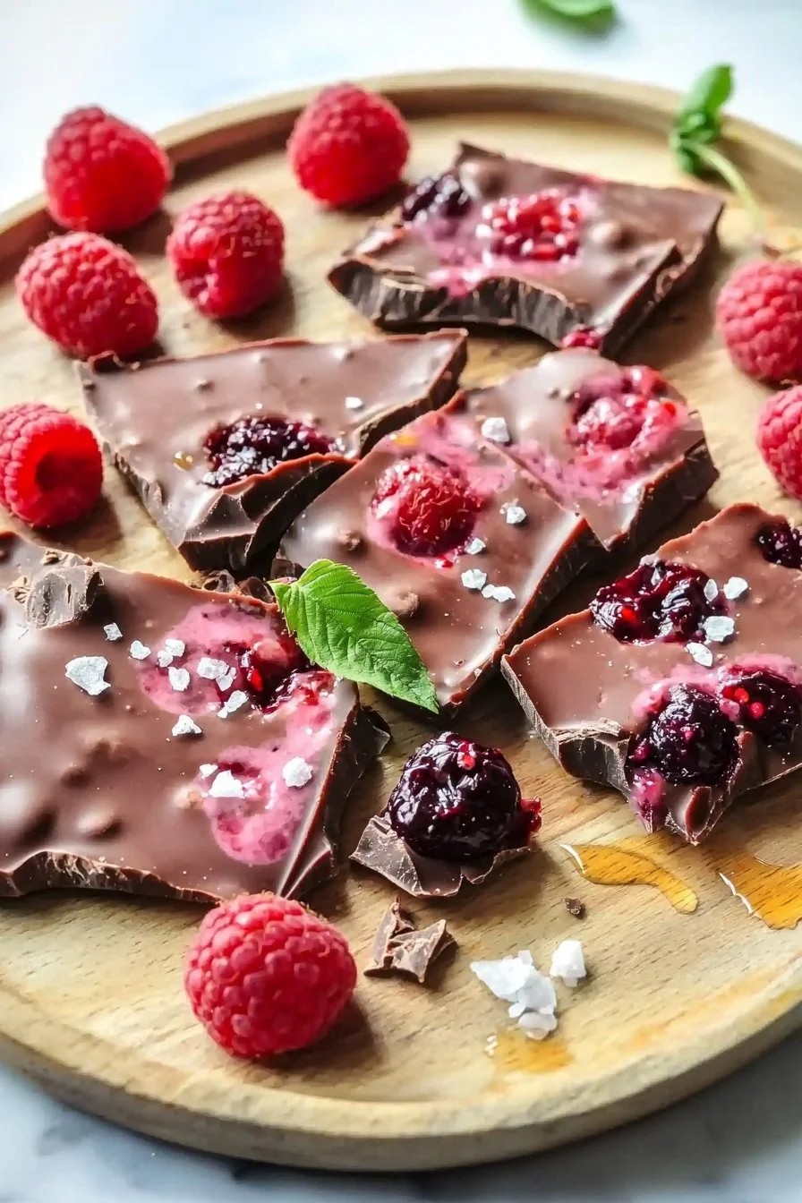 Schokoladen-Himbeer-Joghurt-Rinde mit frischen Himbeeren und schmelzender Schokolade
