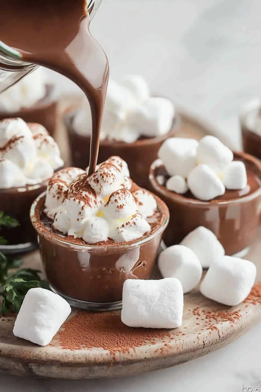 Schokoladen-Marshmallow-Puddingbecher mit Schokolade und Marshmallows