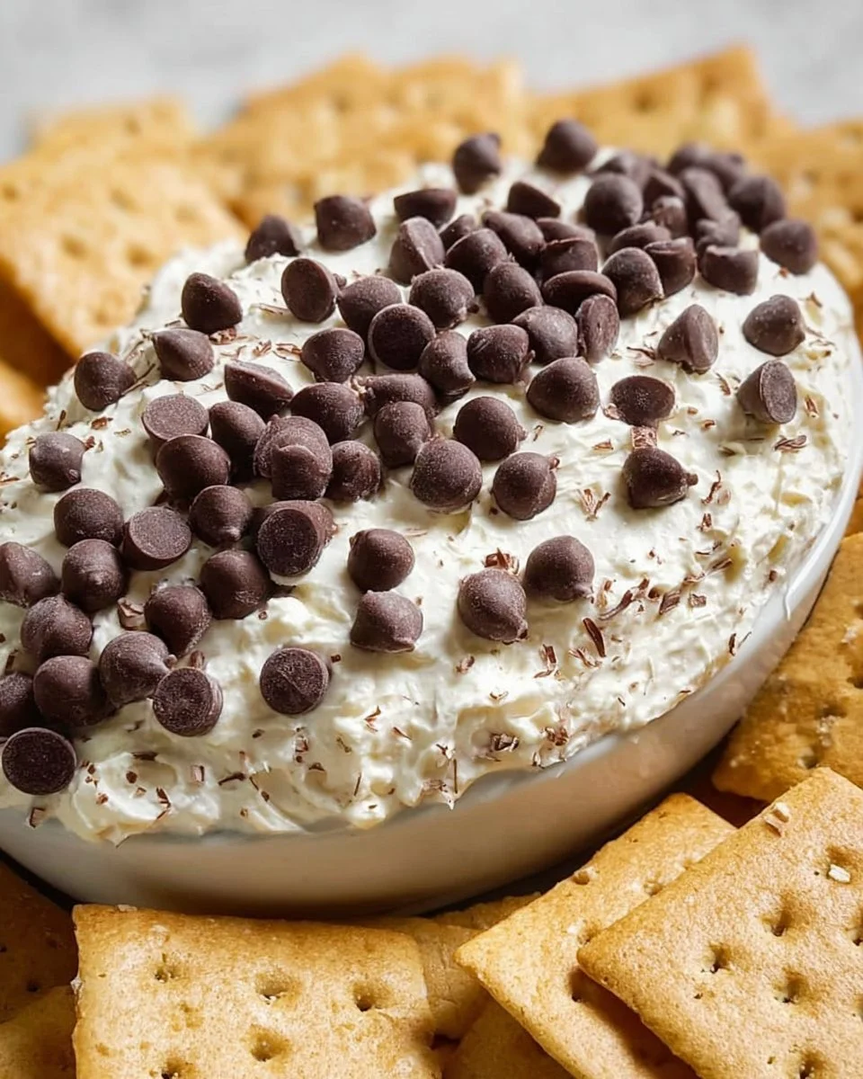 Schokoladenstückchen Cheesecake Dip in einer Schüssel, serviert mit Keksen