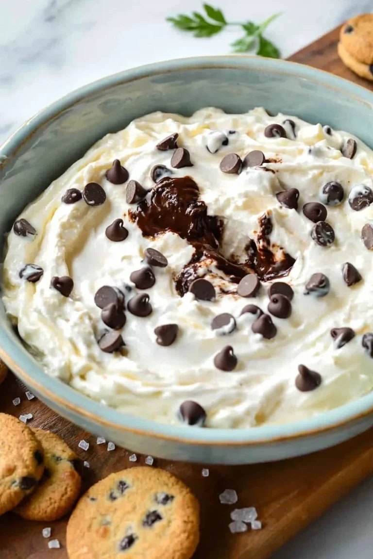 Schokoladenstückchen-Käsekuchen-Dip in einer Schüssel serviert.