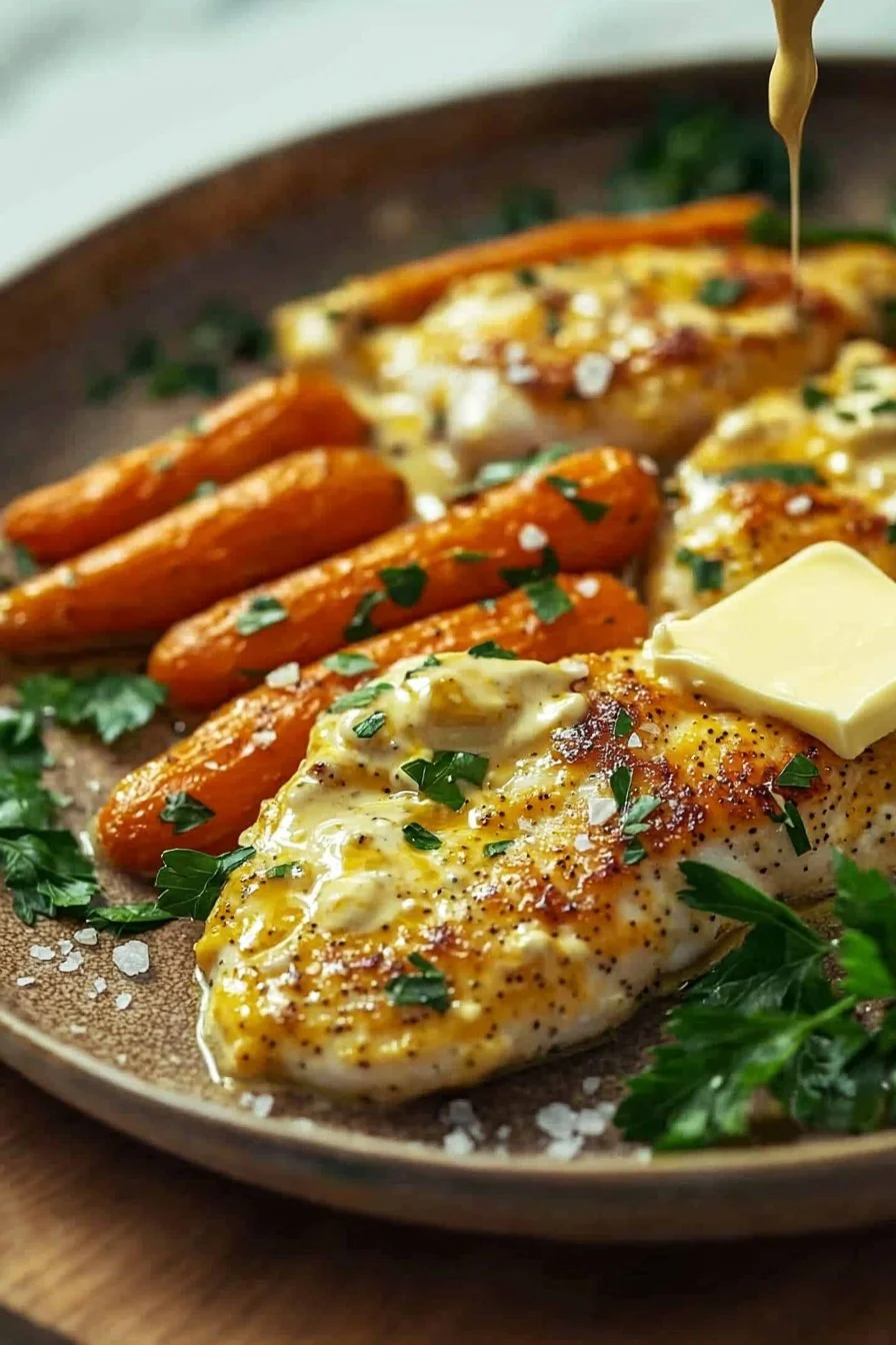 Seelachs überbacken auf Senfmöhren, ein schmackhaftes Fischgericht.