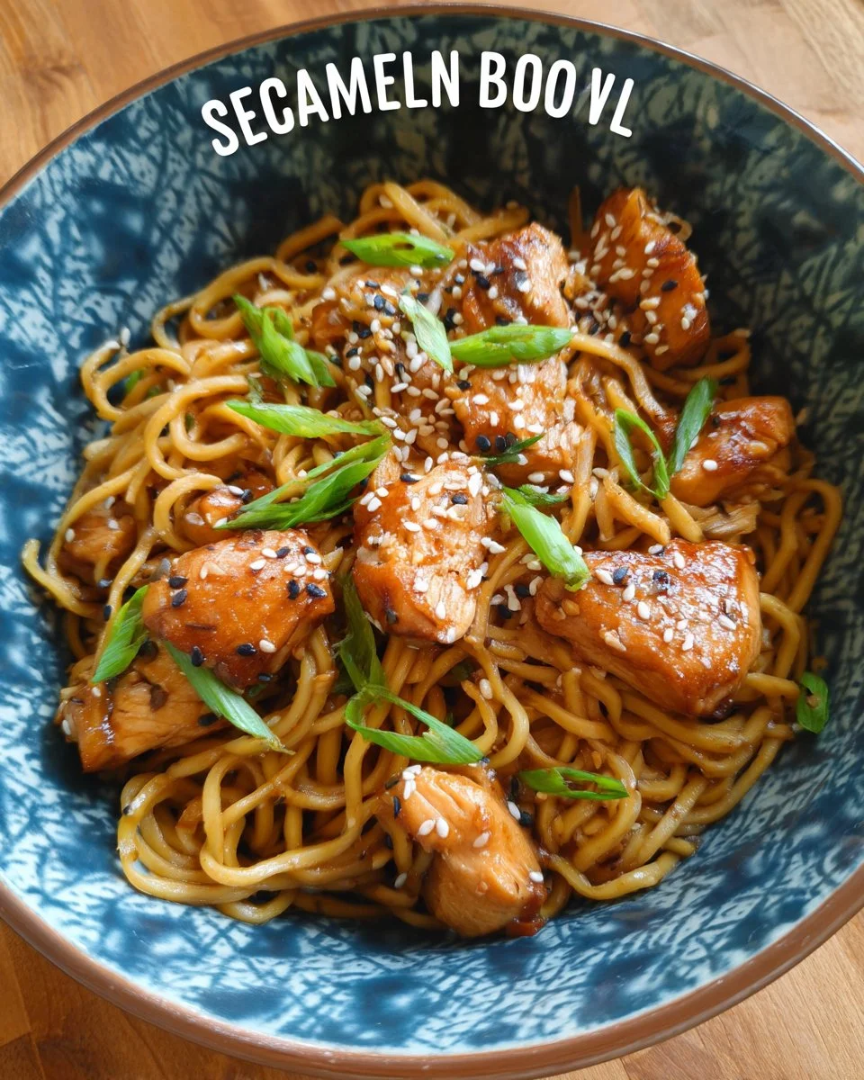 Leckeres Sesam-Hühnchen in Nudelschalen serviert auf einem Teller