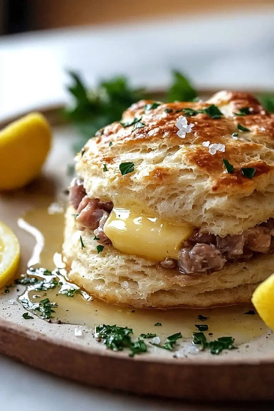 Thunfisch Biscuit gefüllt mit Zitronenbutter auf einem Teller serviert.