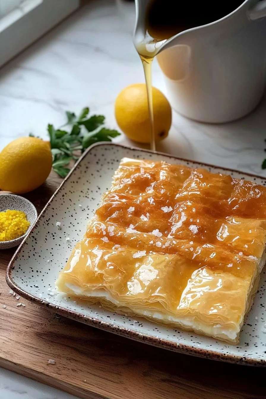 Traditionelles griechisches Galaktoboureko mit Zitrussirup auf einem Teller serviert.