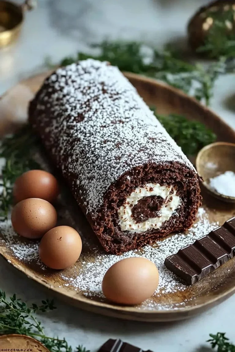 Traditioneller Schokoladen-Rollkuchen auf einem Teller angerichtet