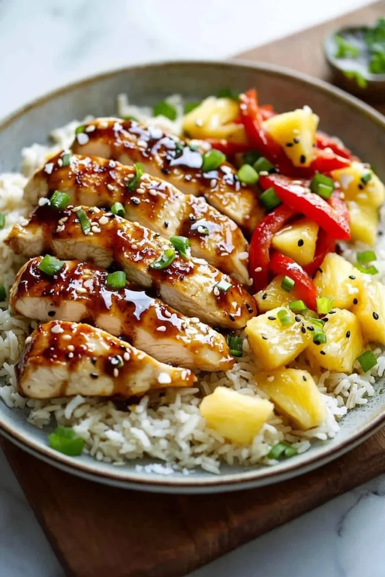 Tropisches Hawaiian Chicken auf cremigem Kokosreis serviert