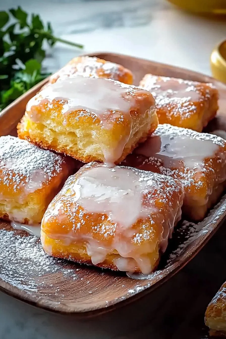 Glasierten Buttermilch-Beignet-Quadrate auf einem Teller serviert