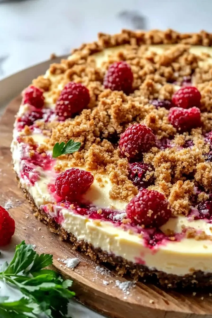 Vanille-Himbeer-Käsekuchen mit Streuseln auf einem Teller