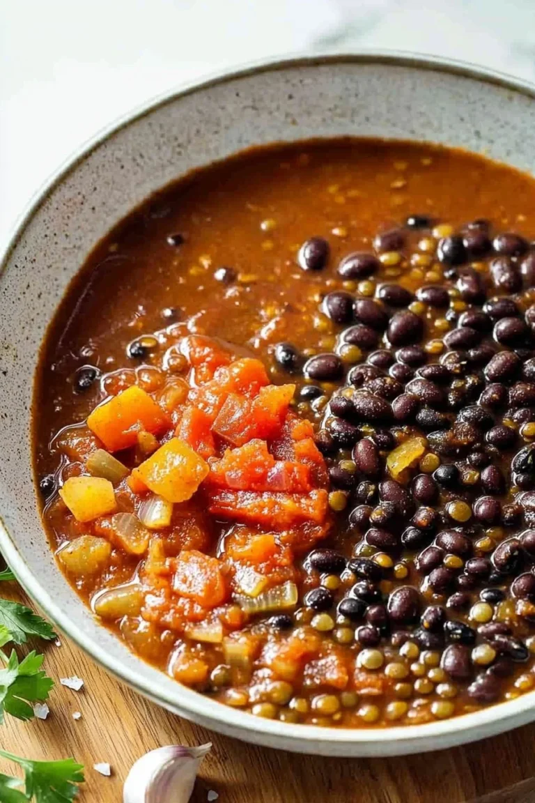 Veganer Schwarze-Bohnen- und Linsen-Chili in einer bunten Schüssel serviert